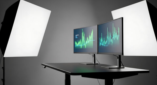 A wide flat LCD monitor and television display screen sit on an office desktop as professional computer equipment for digital business and internet technology