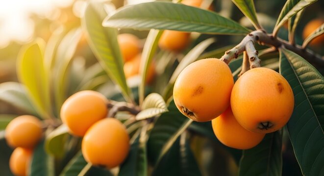 Ripe loquat fruits hanging on a branch in sunlight