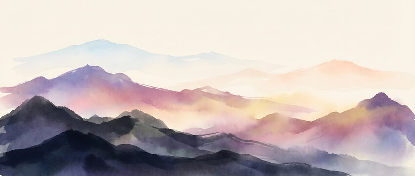 Watercolor style layered mountains with misty clouds and ethereal atmosphere