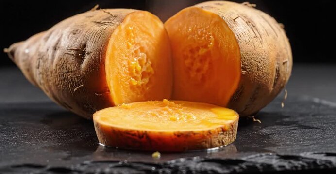 Bright Orange Sweet Potato Cut Open Showing Vibrant Flesh