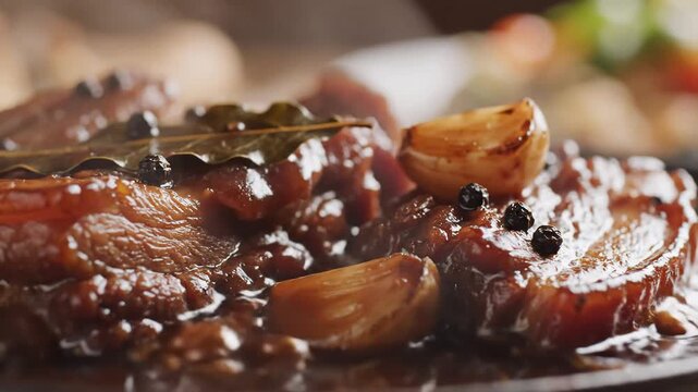Delicious Braised Beef with Garlic and Herbs.