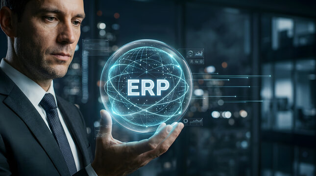 Businessman presenting ERP enterprise resource planning software hologram in data center