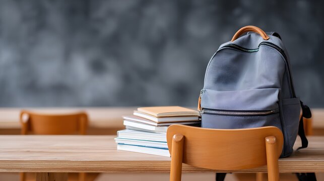 A backpack is on a chair next to stacked books in a university setting