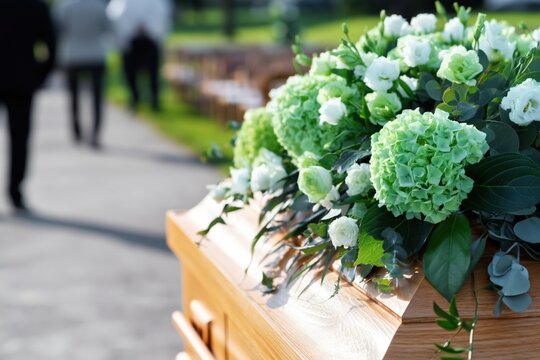 Oak casket covered with green hydrangea display at cemetery