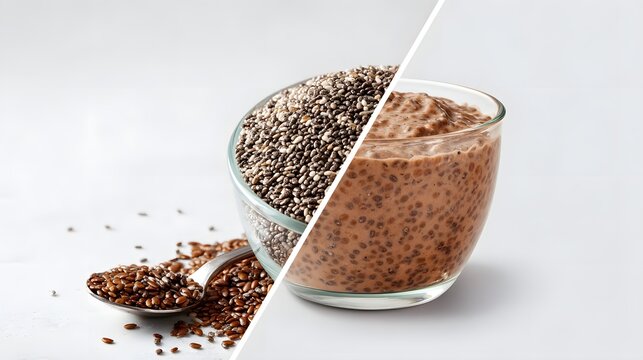 Dry chia seeds are shown on the left side with chia pudding on the right side