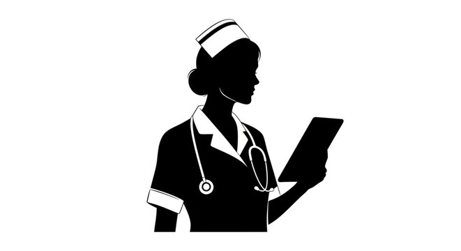 Nurse, medical professional, healthcare worker, silhouette icon, black vector graphic
