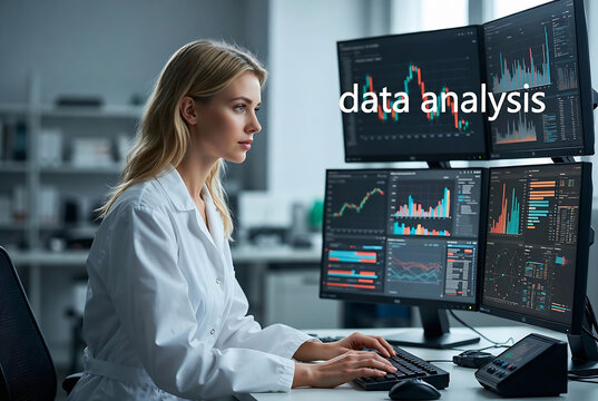 Subject: A woman is engaged in data analysis. Action: She&rsquo;s working at multiple computer monitors displaying graphs and charts. Setting: A modern office environment with several workstations.