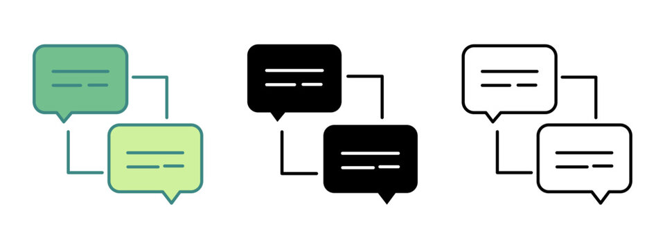 Icon representing two interconnected chat bubbles with lines inside showing conversation flow and communication channels visually