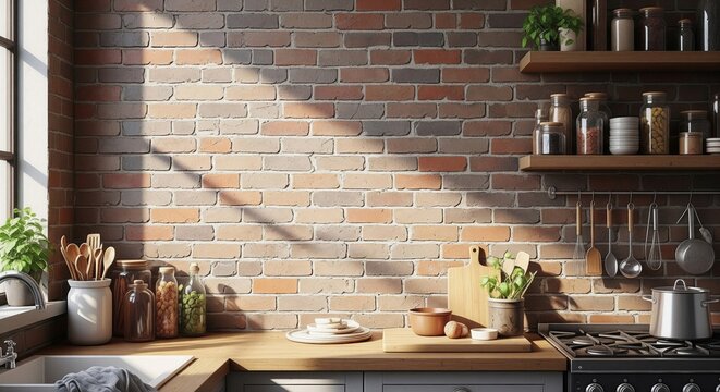 Kitchen Interior with Brick Wall and Wooden Countertop in Sunlight
