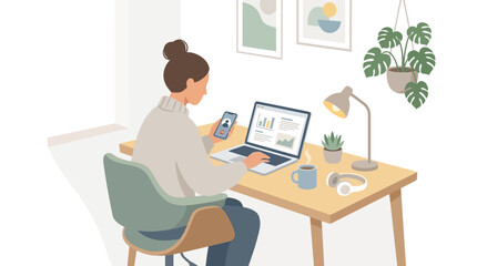 Fototapeta premium A woman works on her laptop and mobile phone at a wooden desk in a modern home office with a minimalist lifestyle vector illustration.