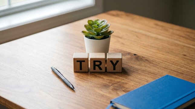 Succulent plant above wooden blocks spelling TRY rests on a wooden desk with a silver pen and blue notebook, creating a simple motivational workspace scene by a window.