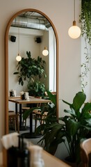 Fototapeta premium Minimalist Cafe Mirror, Reflection Of Plants, Airy Interior Design Concept, Huge Space For Text