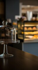 Obraz premium Minimalist Cake Stand, Empty Glass Dome, Blurred Bakery Background, Large Central Space For Text