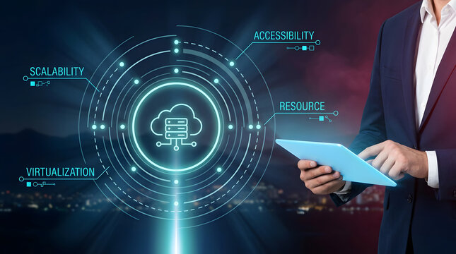 Cloud server network concept with scalability, accessibility and virtualization on tablet