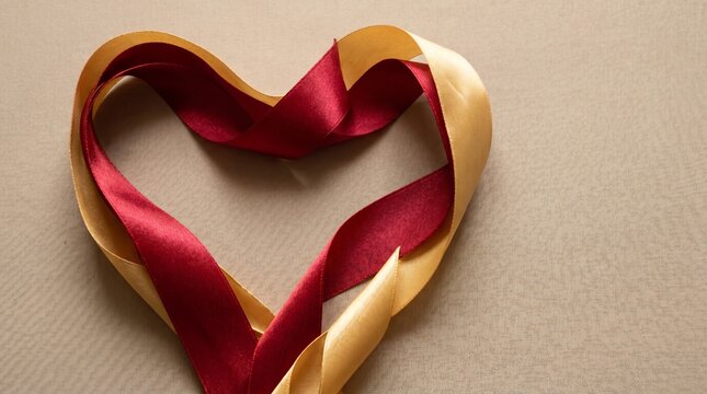 "Two intertwined satin ribbons, one red and one gold, arranged in a heart shape on a beige textured surface."