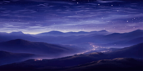 A mist-covered mountain landscape at night where clouds drift over snow-capped peaks under a soft horizon light, revealing the natural beauty of the valley at dawn © PIXEL