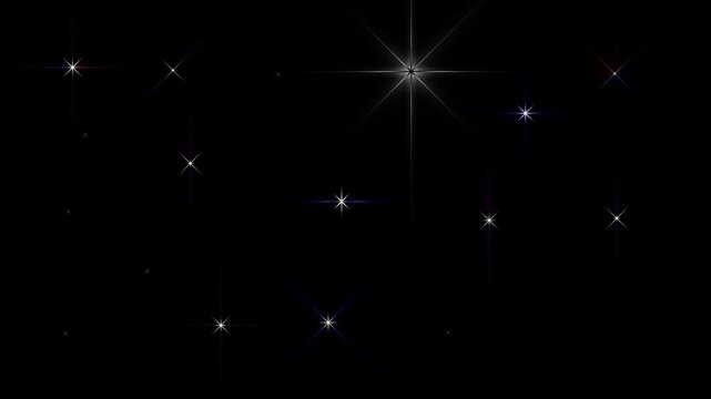 Elegant star sparkle animation with glowing light bursts and shimmering glitter; 4K black background video for cinematic magic and festive holiday atmosphere