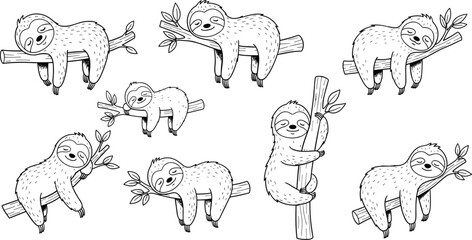 Obraz premium Cute Sloth Hanging on Tree Branch Illustration Set Featuring Adorable Lazy Animal Characters in Hand Drawn Line Art Style for Wildlife and Children’s Design Concepts