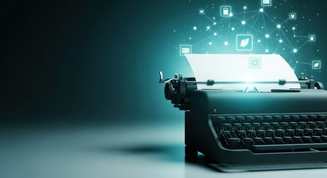 A vintage typewriter connected to a glowing digital network with various icons, symbolizing modern communication and content creation.