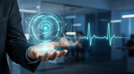 Obraz premium Hand touching futuristic digital globe interface with heartbeat waveform for healthcare tech
