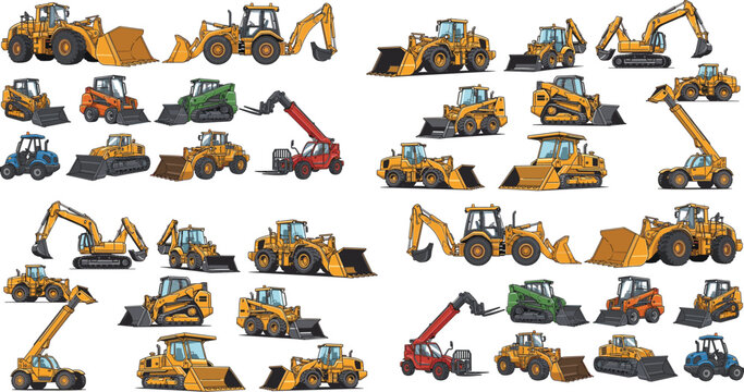 Construction Heavy Equipment Vehicle Set Featuring Excavators, Loaders, Bulldozers, Cranes, and Backhoes in Industrial Machinery Vector Collection for Engineering Design Concepts