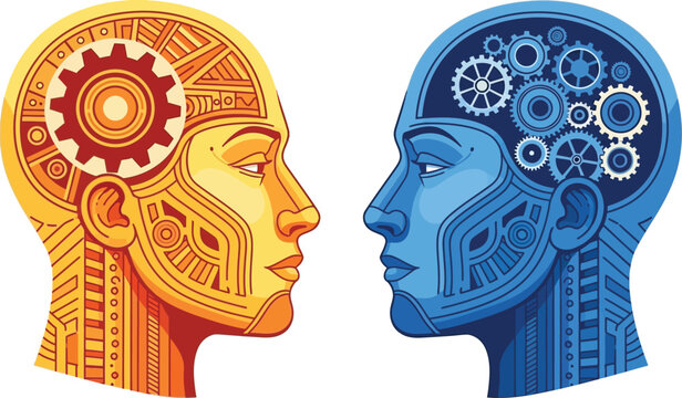 Human brain and artificial intelligence stylized vector illustration