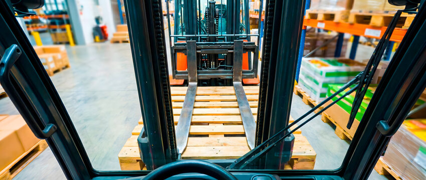 Forklift operator's point of view during cargo handling operation inside a warehouse