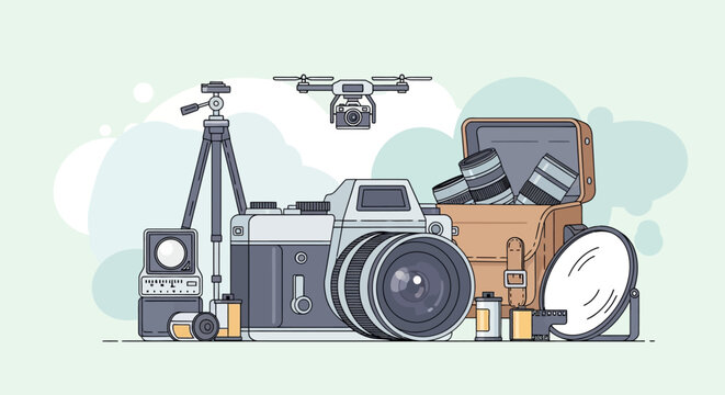 Photography Gear and Camera Equipment Line Art Illustration