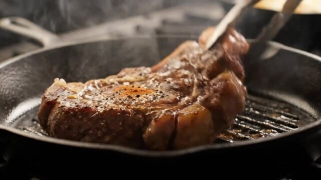 Close up view of a seasoned steak searing in a cast iron pan and flipped with tongs