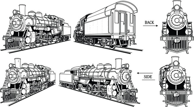 Vintage Steam Locomotive Train Illustration Set Featuring Classic Railway Engine from Multiple Angles for Transportation, Industrial, and Historical Design Concepts