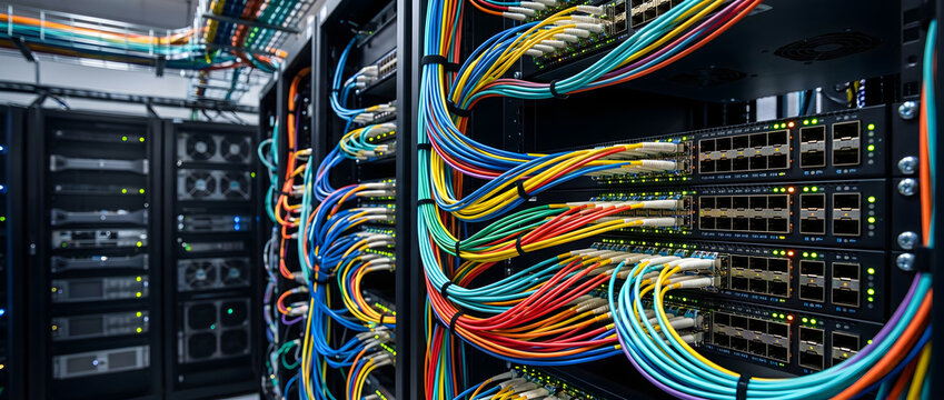 Data center rack with densely packed colorful network cables connected to servers and switches