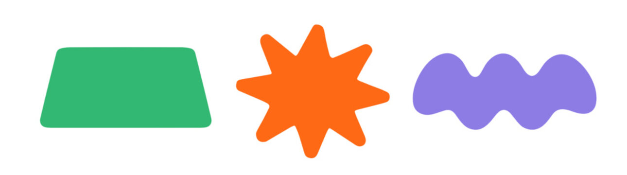 A minimal selection of bold geometric shapes &mdash; green trapezoid, orange starburst, and purple wavy stripe &mdash; arranged in a row on a transparent background. Great for modern branding.