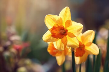 Fototapeta premium Blooming yellow narcissus in sunlit spring garden