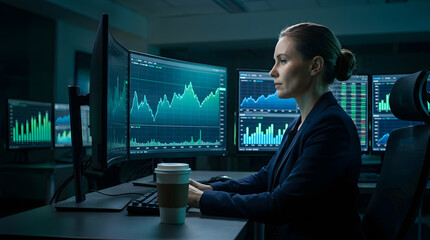 Fototapeta premium Businesswoman monitoring financial market charts on multiple screens in modern trading office