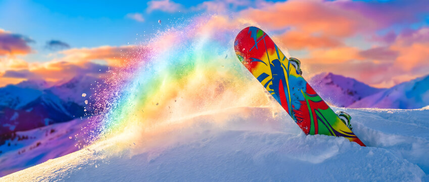 Colorful snowboard stuck in snow with rainbow-colored snow spray against mountain sunset backdrop