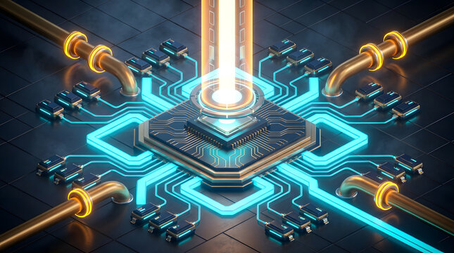 Futuristic microchip on circuit board with glowing blue data pathways and copper pipes