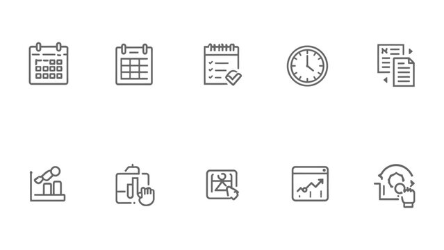 Essential Business Icons: An organized set of line art icons related to the realms of time management, schedules, and analytics, all set against a clean, uncluttered background.