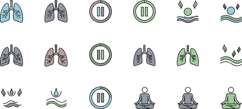 Set of breathing exercise and lung health icons flat vector collection for wellness and meditation