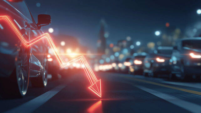 Traffic Congestion: A visually compelling image illustrating traffic standstill during an economic downturn, with a red downward arrow overlaid to signify crisis and financial difficulty. 