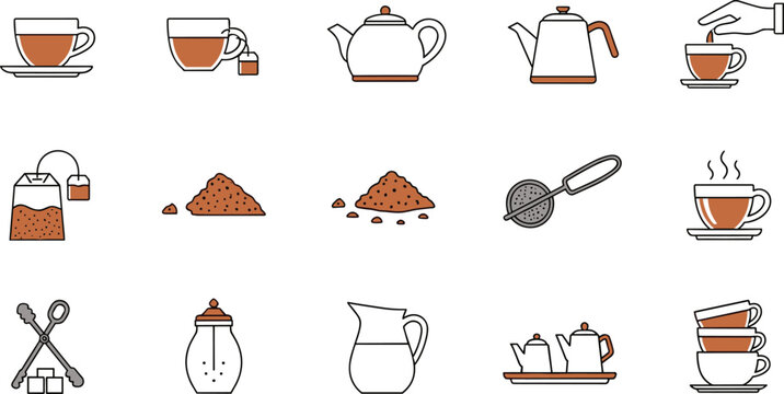 Set of tea and teapot icons flat vector collection for beverage and cafe design