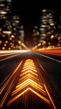 Pathway to Progress: An illuminated arrow leads the way on a dynamic road, with blurred city lights in the background. The scene suggests movement and ambition.