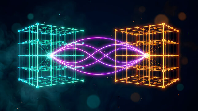 Neon digital network of connected cube frames with data exchange infinity concept