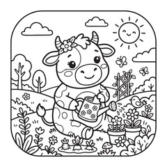 Naklejka premium Cow Watering Plants Coloring Page for Kids Cute Kawaii Simple Bold Outline Fun Art
