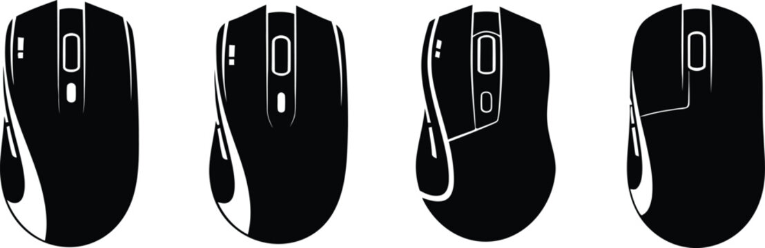 Modern computer mouse set for gaming and office work silhouette collection branding icon, isolated on transparent background