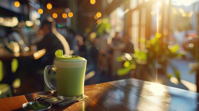 Macro texture of green latte foam with spirulina matcha blend.