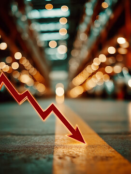 Economic Downturn: A symbolic depiction of financial decline, with a red arrow dramatically pointing downwards in an industrial warehouse setting, representing the state of market.