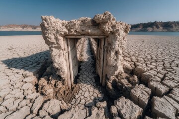 Fototapeta premium Rustic wooden doorway set into cracked, arid earth under a bright, dry sky