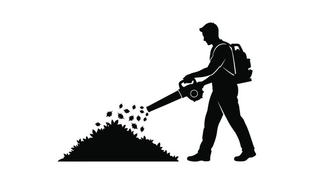 Man operating leaf blower with backpack black silhouette high quality professional