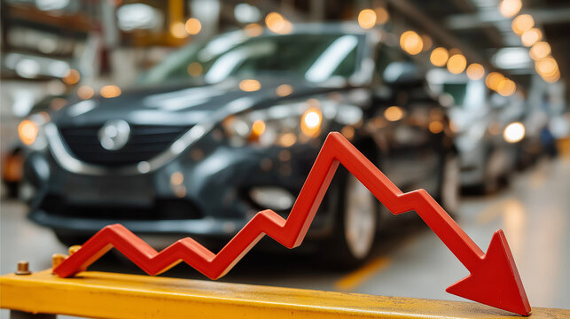 Economic Decline in the Automotive Sector: A stark visual representation of economic downturn, with a downward-pointing arrow superimposed on a factory backdrop of vehicles.