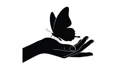 Butterfly resting on a hand black silhouette high quality professional detailed © sefali